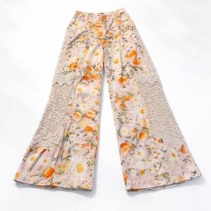FARM Rio Floral Citrus Wide Leg Pants Crochet Lace Boho Resort Small